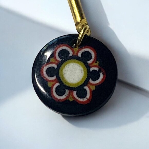 Handmade Ceramic & Enamel Floral Dangle Earrings Black Red White Gold 925 Hooks - Picture 2 of 7